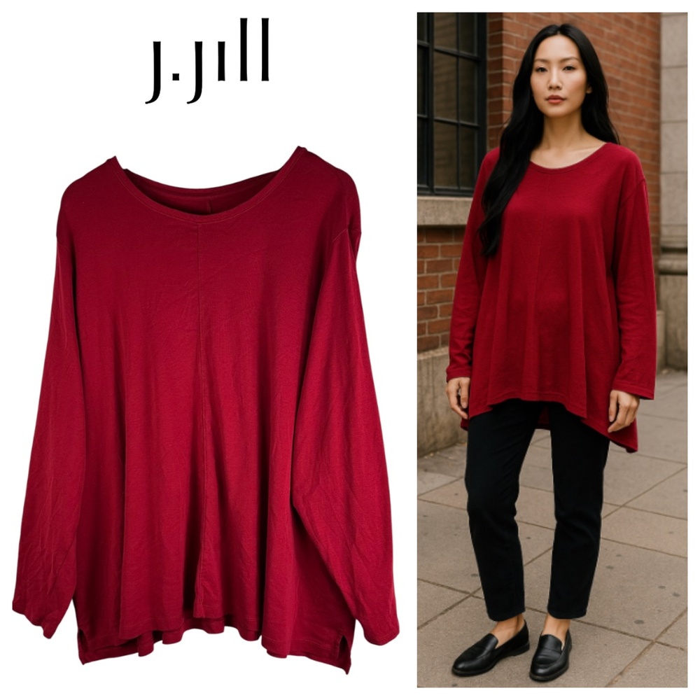 J Jill Shirt Top Tunic Sz 4X 26 28 Red Pima Crew Neck High Low Tee Flowy Stretch